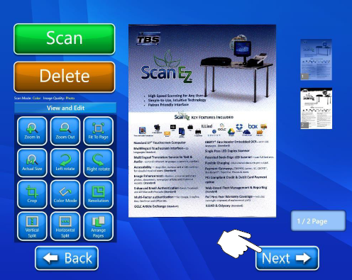 Scanning options page in ScanEZ with preview, editing buttons